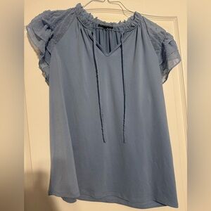 Adrianna Papell Dusty Blue Flutter Sleeve Tie-Neck Blouse